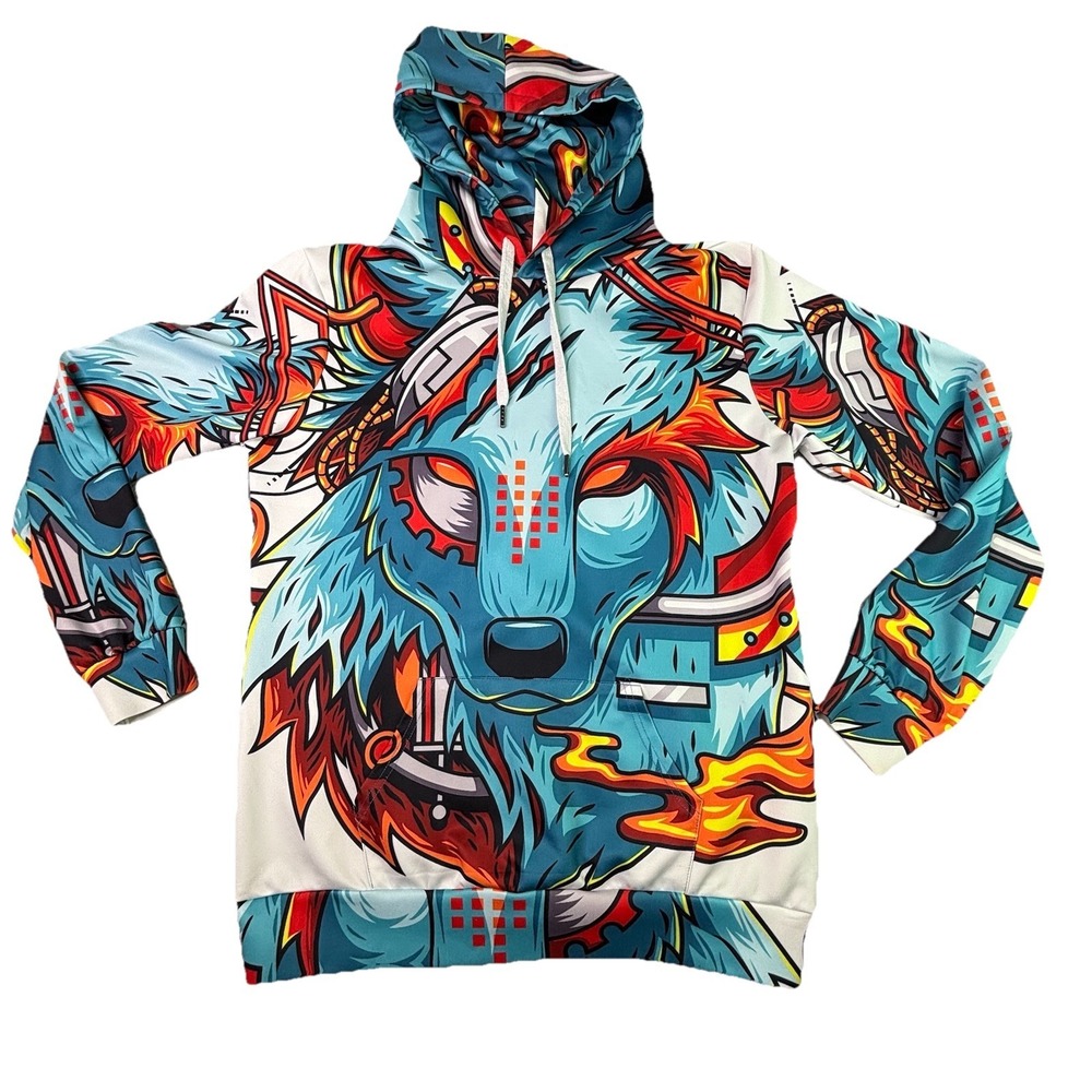 Into The AM Hoodie Small/MediumCyber Cyborg Wolf Multi Color Rave Trippy EDM AOP